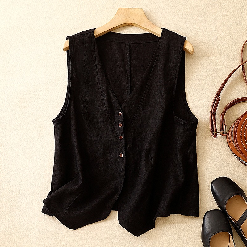 復古棉麻V領無袖背心馬甲