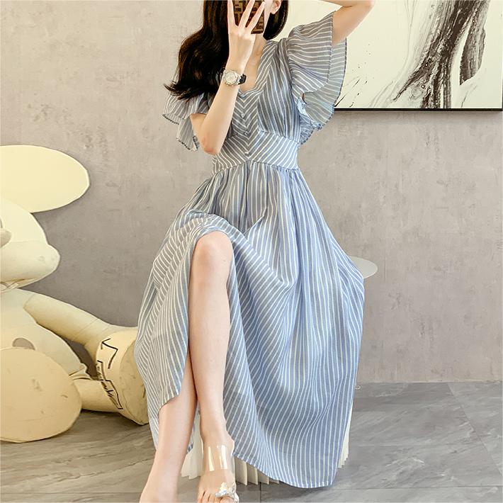 氣質條紋V領大擺開叉洋裝
