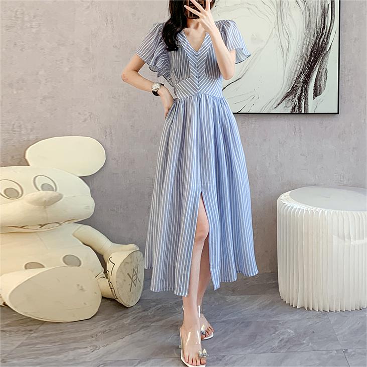 氣質條紋V領大擺開叉洋裝