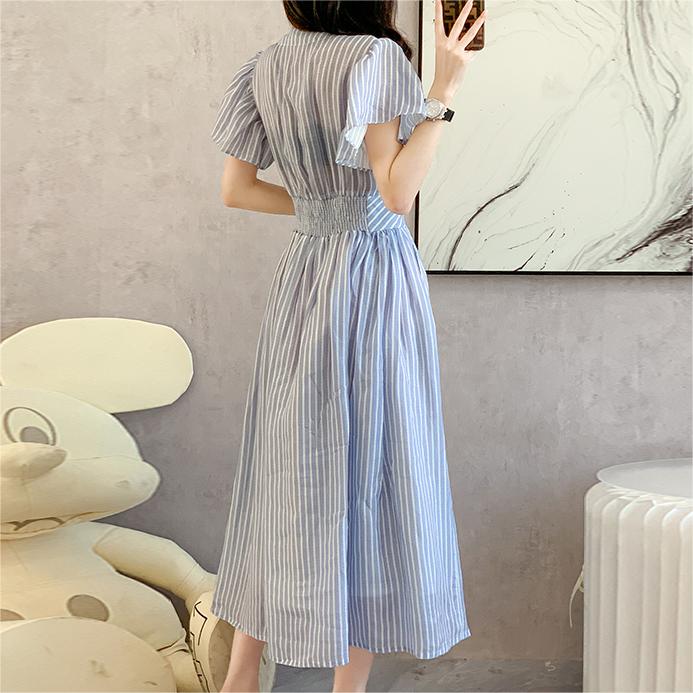 氣質條紋V領大擺開叉洋裝