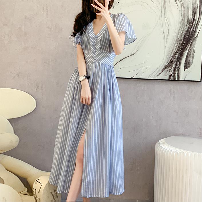 氣質條紋V領大擺開叉洋裝