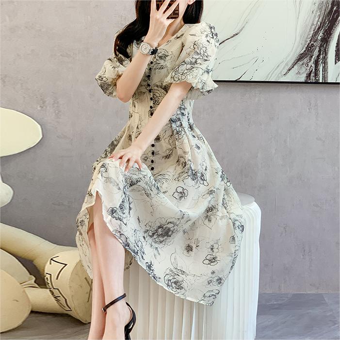 法式印花V領收腰中長洋裝