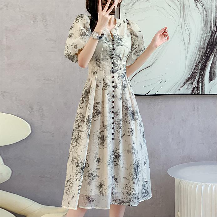 法式印花V領收腰中長洋裝