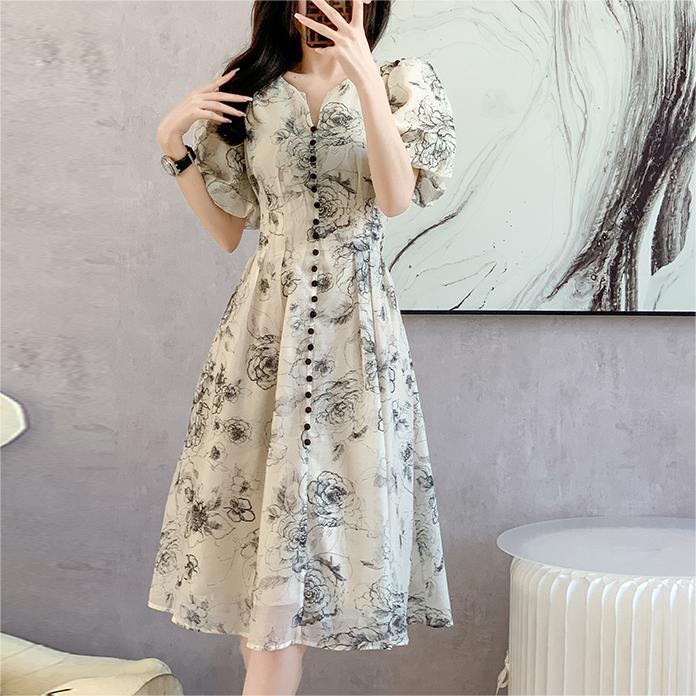 法式印花V領收腰中長洋裝