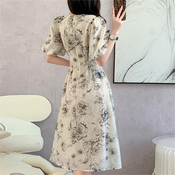 法式印花V領收腰中長洋裝