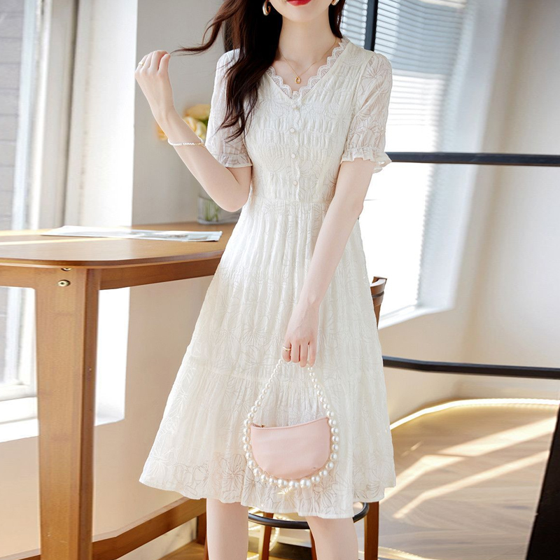 仙女風V領蕾絲拼接連身裙