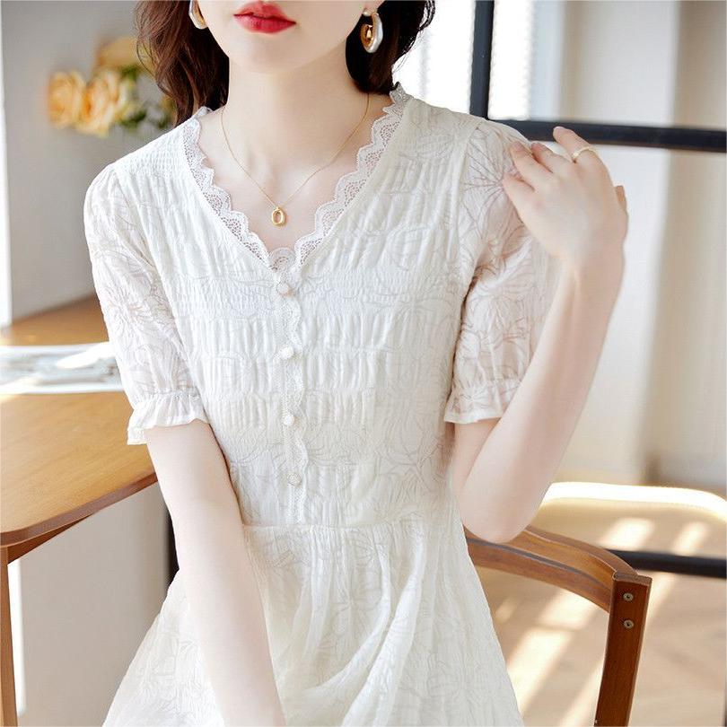 仙女風V領蕾絲拼接連身裙