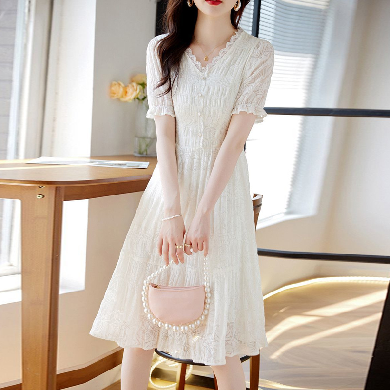 仙女風V領蕾絲拼接連身裙