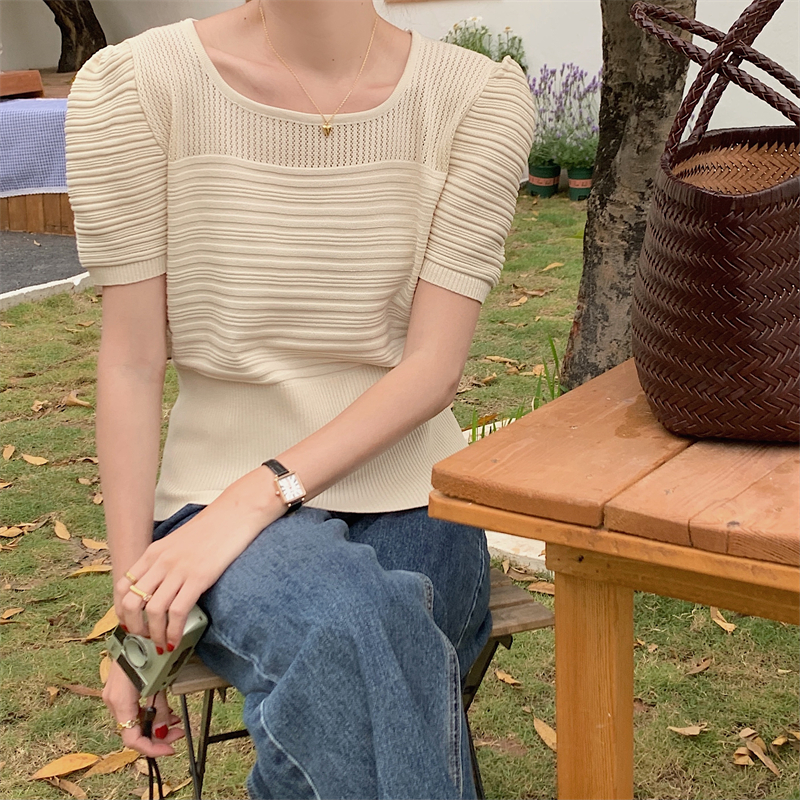 法式方領泡泡袖短袖針織衫