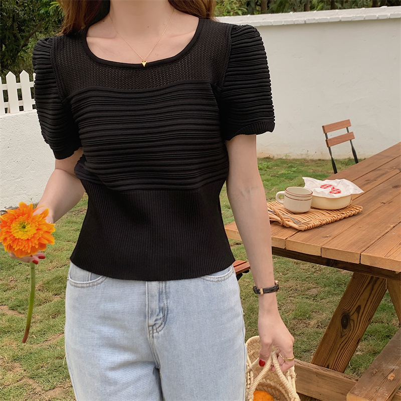 法式方領泡泡袖短袖針織衫