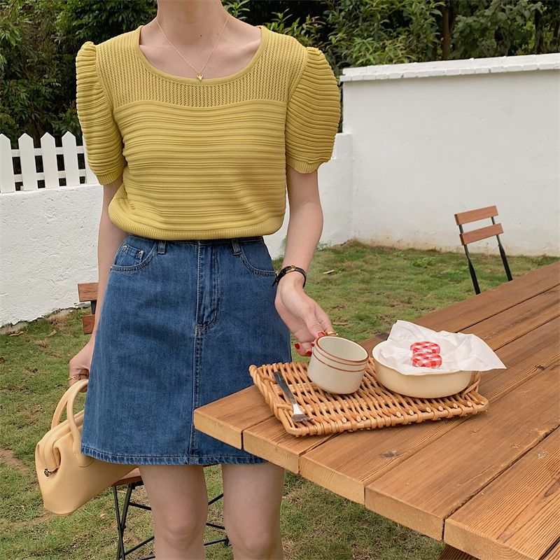 法式方領泡泡袖短袖針織衫