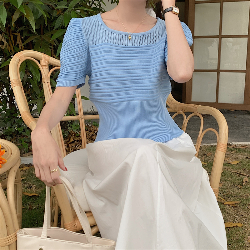 法式方領泡泡袖短袖針織衫