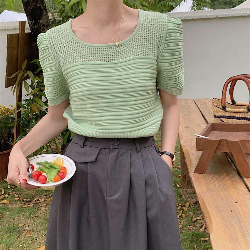 法式方領泡泡袖短袖針織衫