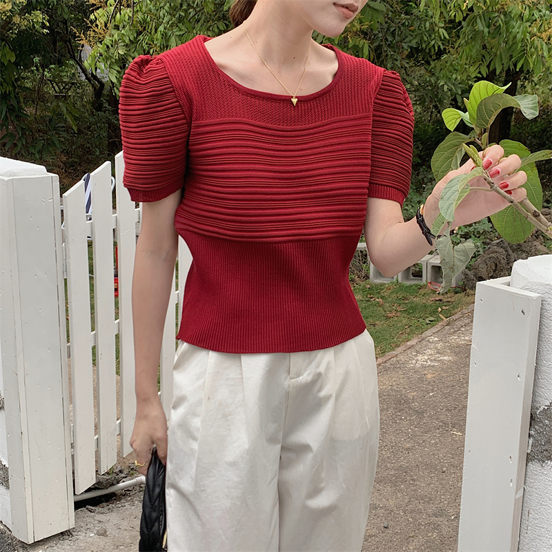 法式方領泡泡袖短袖針織衫