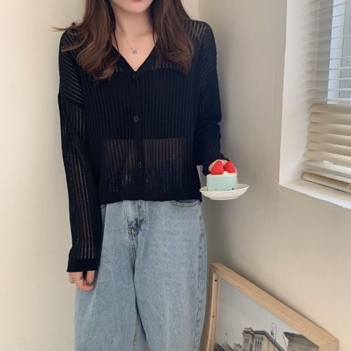 5色韓版V領鏤空長袖空調衫薄款針織防曬開衫