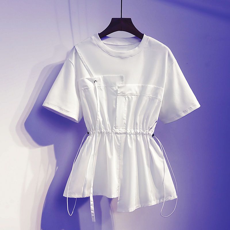 小眾別緻寬鬆遮肚收腰格子拼接假兩件短袖