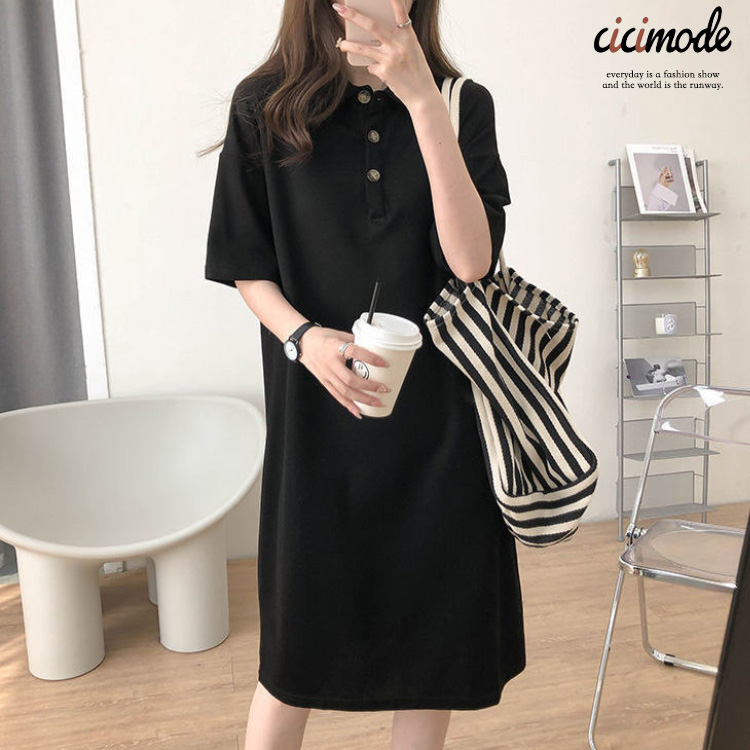 休閒經典款百搭POLO領寬鬆顯瘦棉質T恤連身裙