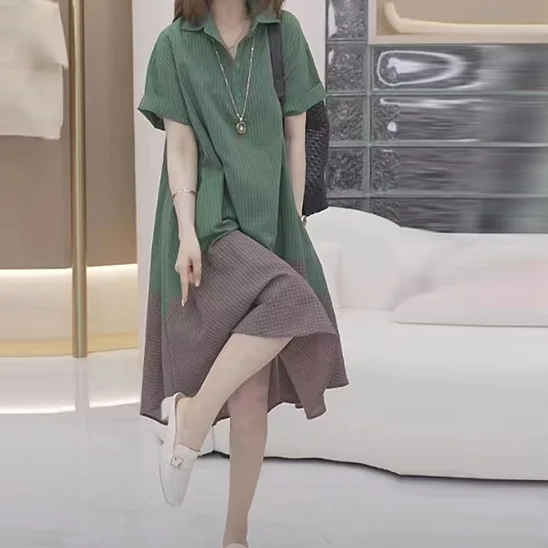 時尚設計感寬鬆遮肉遮肚撞色過膝連身裙