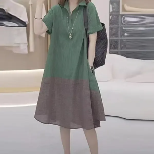 時尚設計感寬鬆遮肉遮肚撞色過膝連身裙