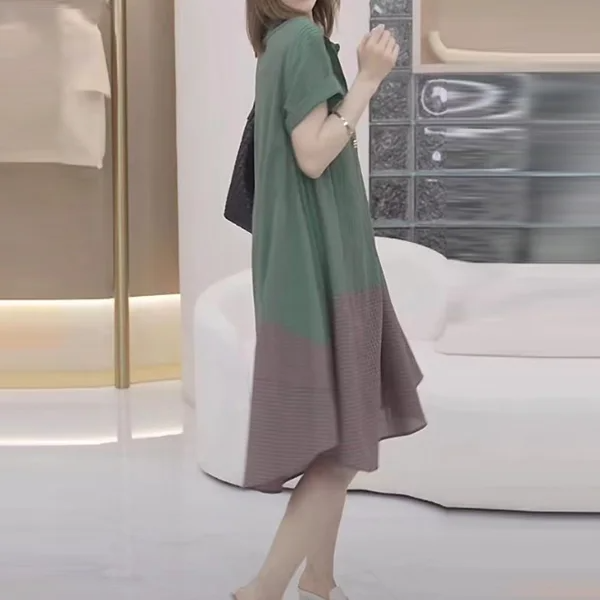 時尚設計感寬鬆遮肉遮肚撞色過膝連身裙