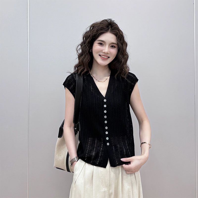 氣質涼感透氣時尚V領顯瘦針織設計感鏤空開衫-Cicimode