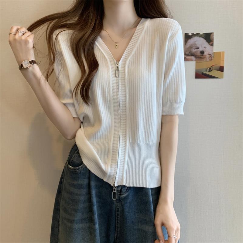 韓版遮肚冰絲涼感透氣顯瘦拉鍊正肩短袖