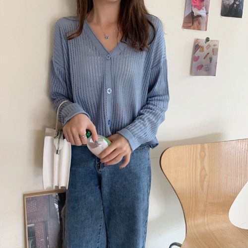 5色韓版V領鏤空長袖空調衫薄款針織防曬開衫