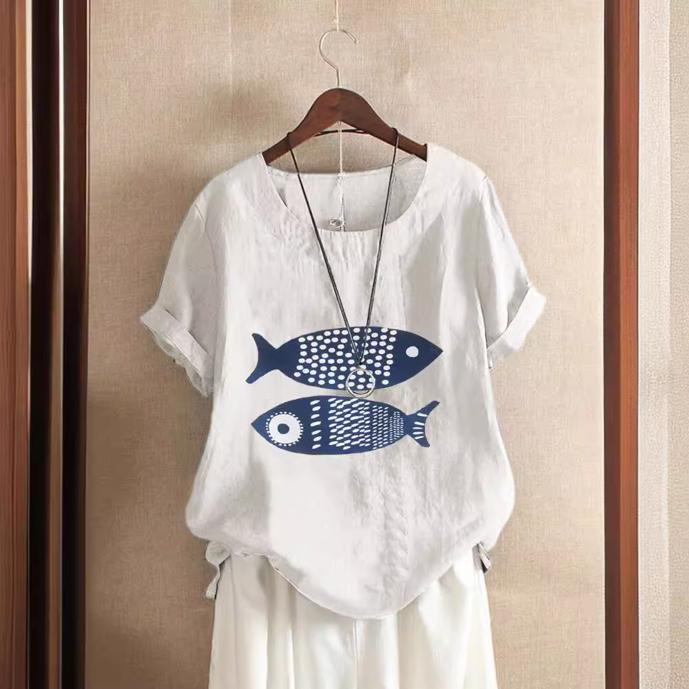 棉麻印花圓領休閒復古短袖襯衫