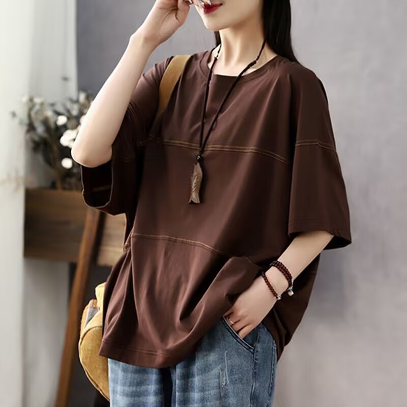 線條拼接寬鬆休閒復古顯瘦大碼短袖-Cicimode