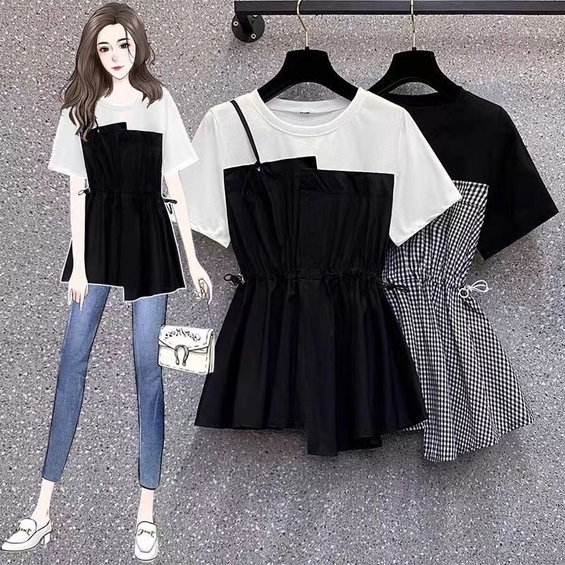 小眾別緻寬鬆遮肚收腰格子拼接假兩件短袖