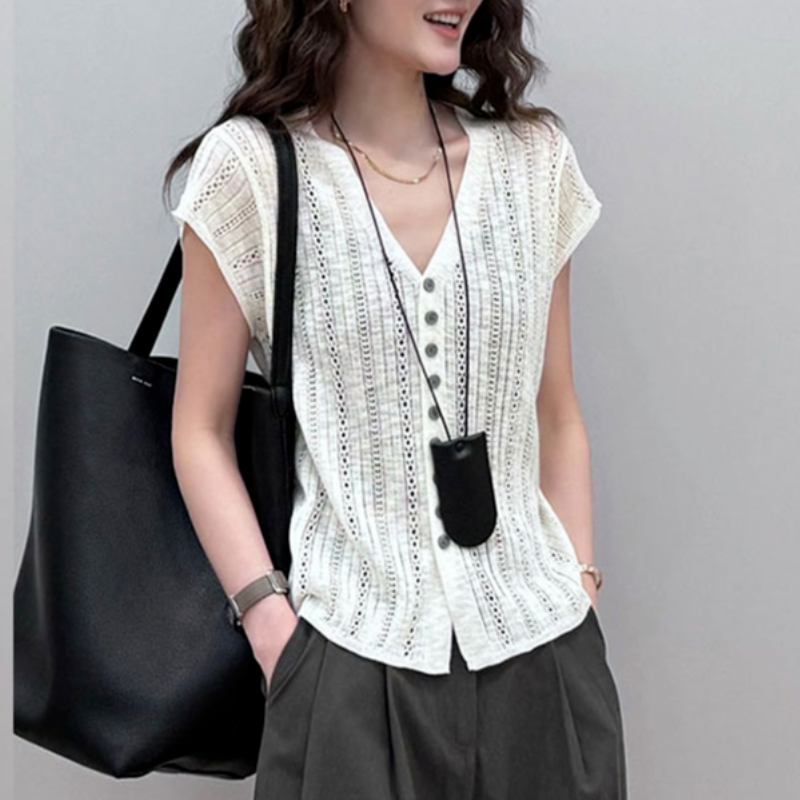 氣質涼感透氣時尚V領顯瘦針織設計感鏤空開衫-Cicimode