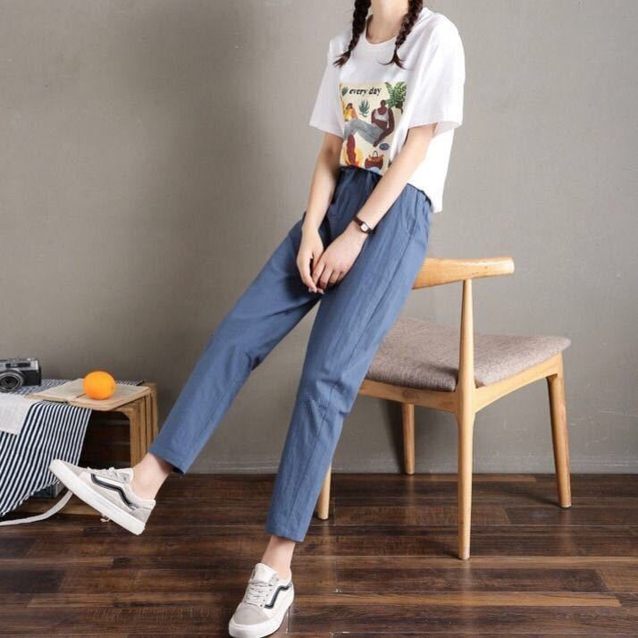 韓版高腰寬鬆顯瘦休閒直筒九分小腳哈倫褲裝