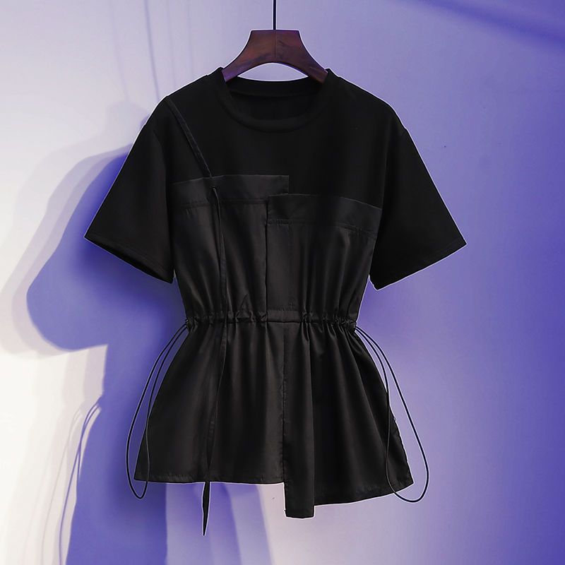 小眾別緻寬鬆遮肚收腰格子拼接假兩件短袖