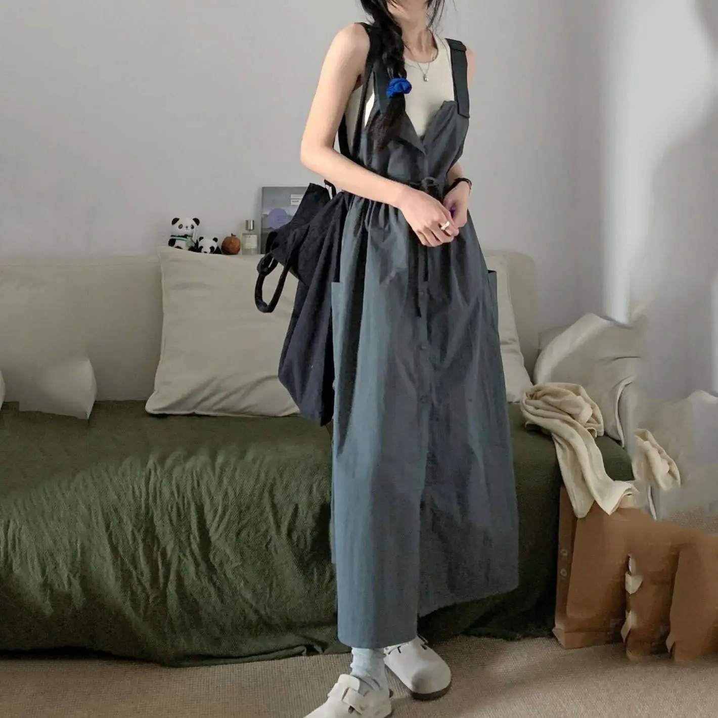 【單件/套裝】韓版時尚百搭內搭背心+收腰無袖工裝背帶長裙兩件套裝