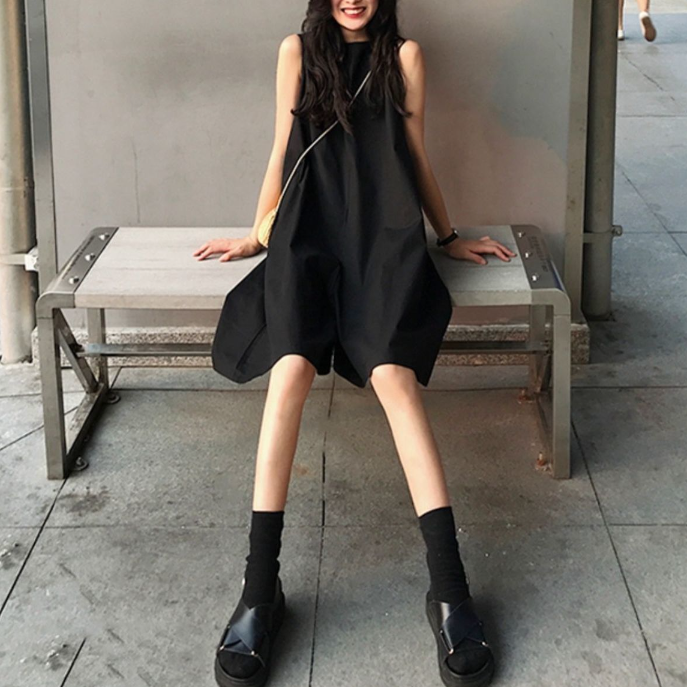 休閒時尚百搭涼感透氣闊腿連體褲/連身裙