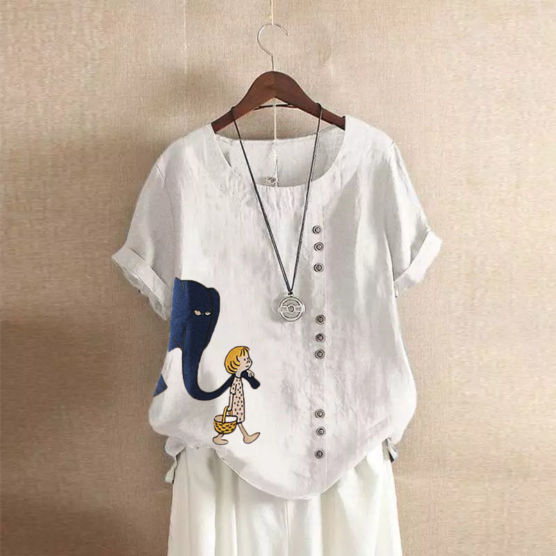 復古休閒寬鬆棉麻套頭T恤短袖