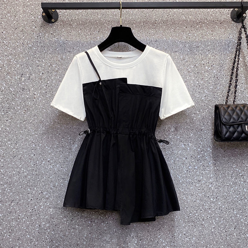 小眾別緻寬鬆遮肚收腰格子拼接假兩件短袖