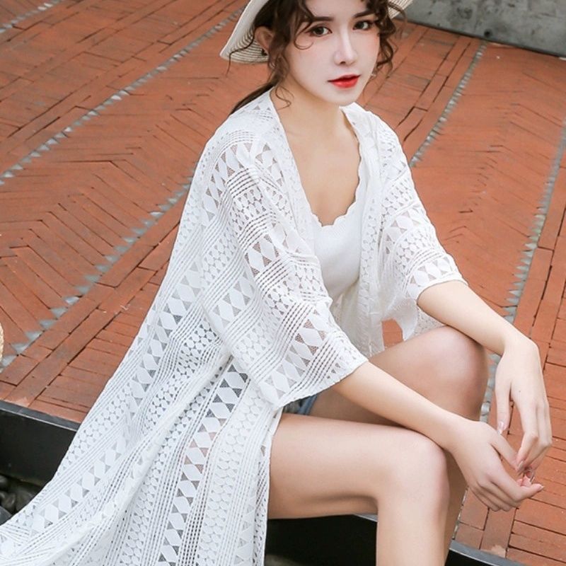 簡約百搭薄款防曬寬鬆蕾絲中長款披肩開衫-Cicimode