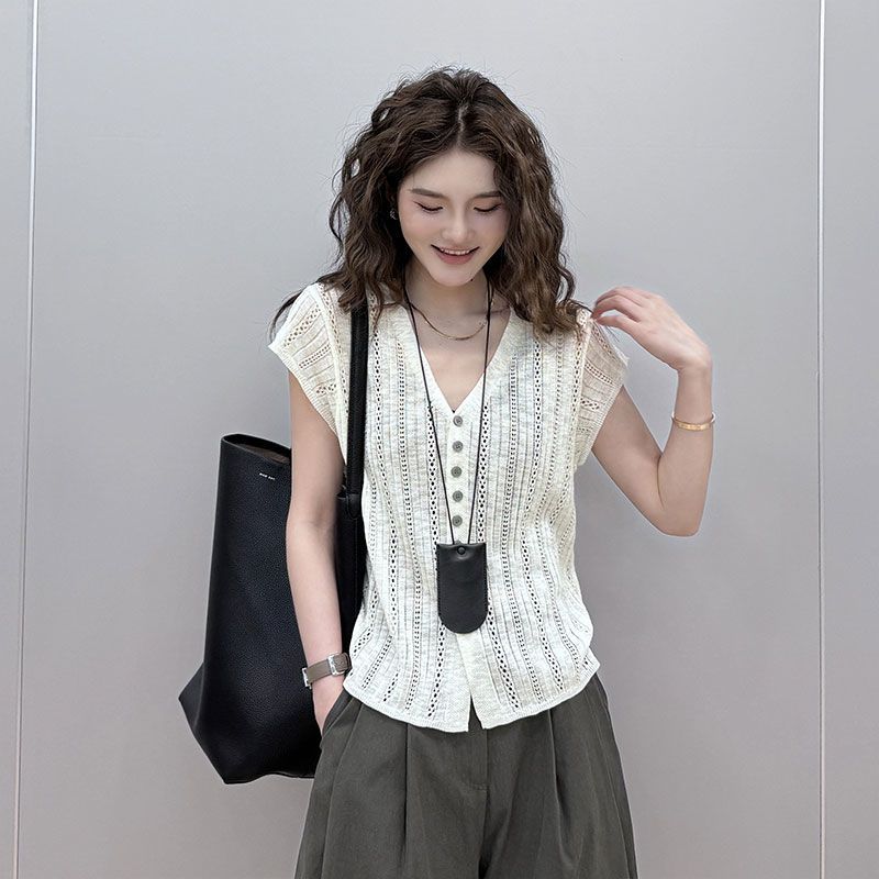 氣質涼感透氣時尚V領顯瘦針織設計感鏤空開衫-Cicimode
