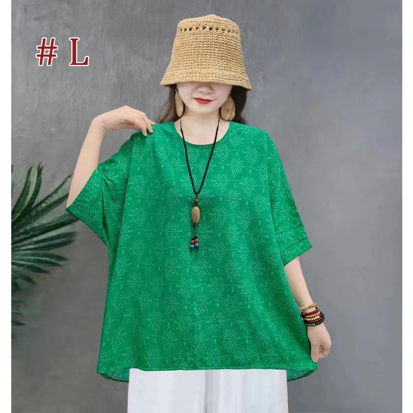 [Stella Fashion] Women Cotton Linen  Loose Blouse Retro Round Neck Top Summer Plus Size Flora Middle   Age Women     Top