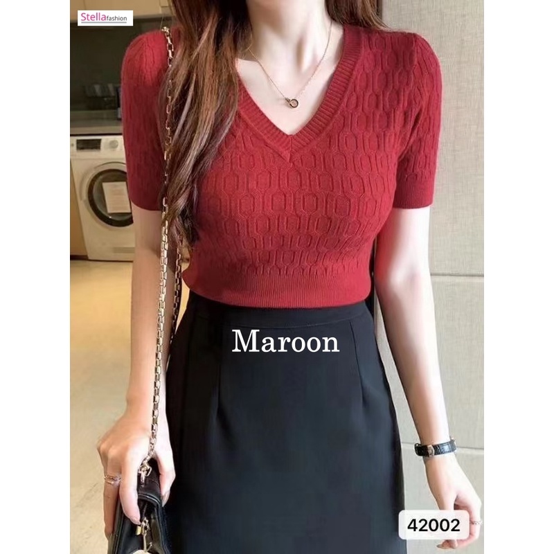 [Stella Fashion] Women’s Korean Solid Color V- Neck Casual Slim Knitted Short Sleeve Crop T-Shirt. Women Tops-Stella's Fashion