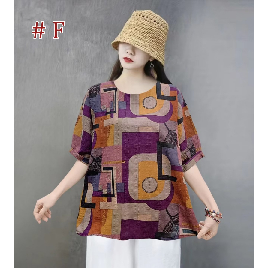 [Stella Fashion] Women Summer Flora Middle Age Women Blouse Plus size Cotton Linen Tops Short Sleeve Tops-Stella's Fashion