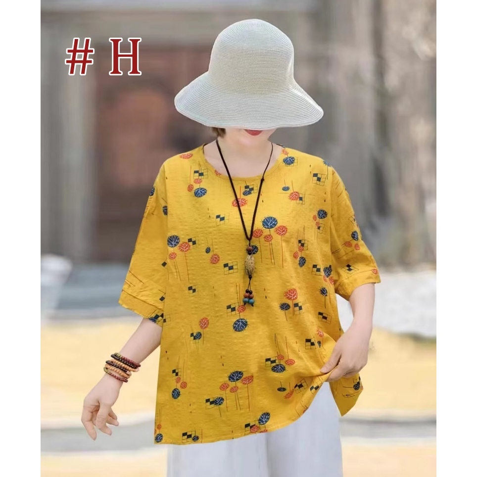 [Stella Fashion] Women Cotton Linen  Loose Blouse Retro Round Neck Top Summer Plus Size Flora Middle   Age Women     Top