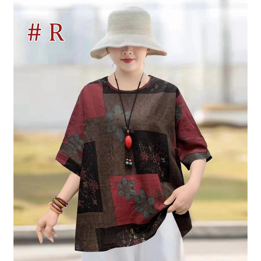 [Stella Fashion] Women Cotton Linen  Loose Blouse Retro Round Neck Top Summer Plus Size Flora Middle   Age Women     Top