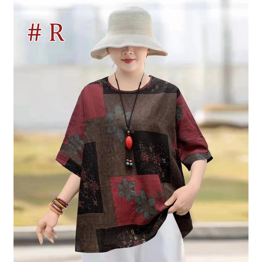 [Stella Fashion] Women Cotton Linen  Loose Blouse Retro Round Neck Top Summer Plus Size Flora Middle   Age Women     Top