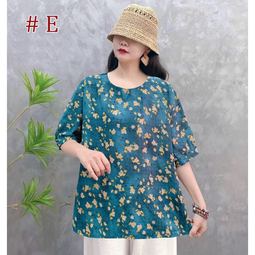 [Stella Fashion] Women Summer Flora Middle Age Women Blouse Plus size Cotton Linen Tops Short Sleeve Tops-Stella's Fashion