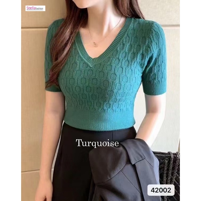 [Stella Fashion] Women’s Korean Solid Color V- Neck Casual Slim Knitted Short Sleeve Crop T-Shirt. Women Tops