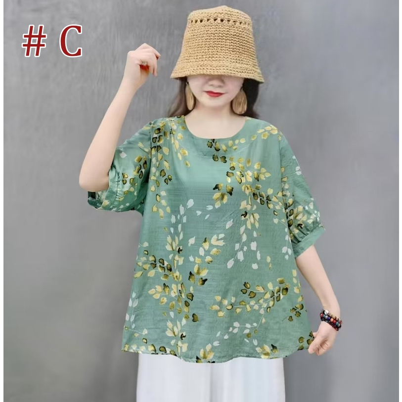 [Stella Fashion] Women Summer Flora Middle Age Women Blouse Plus size Cotton Linen Tops Short Sleeve Tops-Stella's Fashion