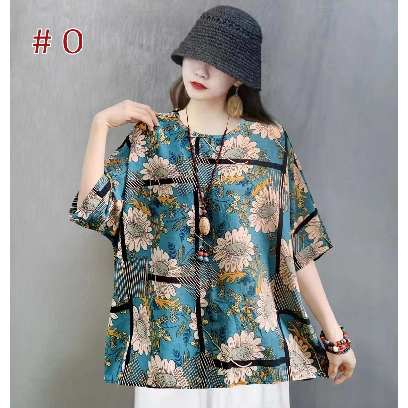 [Stella Fashion] Women Cotton Linen  Loose Blouse Retro Round Neck Top Summer Plus Size Flora Middle   Age Women     Top