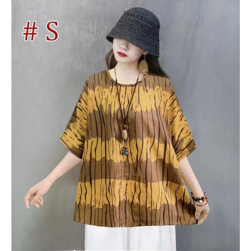[Stella Fashion] Women Cotton Linen  Loose Blouse Retro Round Neck Top Summer Plus Size Flora Middle   Age Women     Top